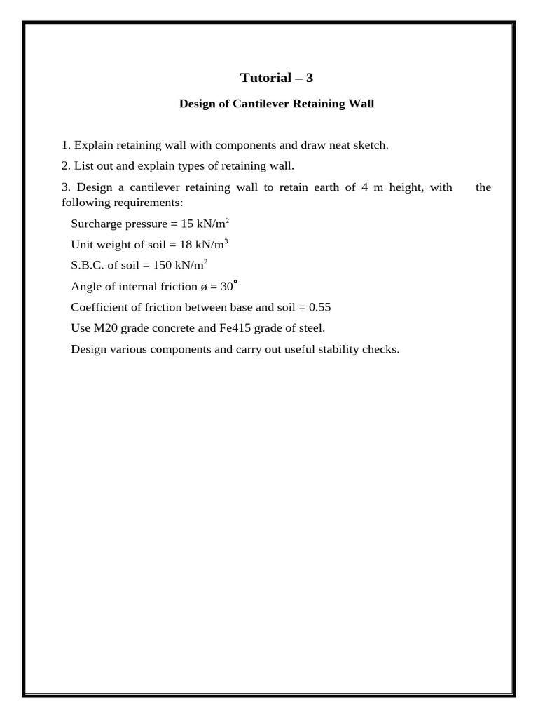 Tutorial 3_Design of Cantilever Retaining Wall | PDF