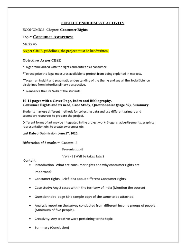 Class X SST Consumer Rights Project - 2026-27 | PDF