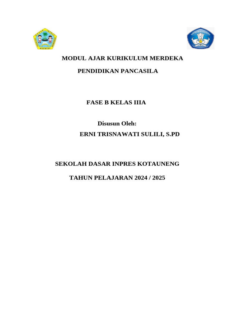 Modul Ajar Pendidikan Pancasila Kelas 3a Supervisi 2024 | PDF