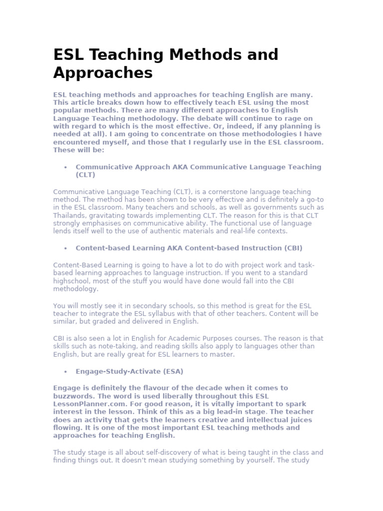 ESL Teaching Methods and Approaches | PDF | English As A Second Or ...