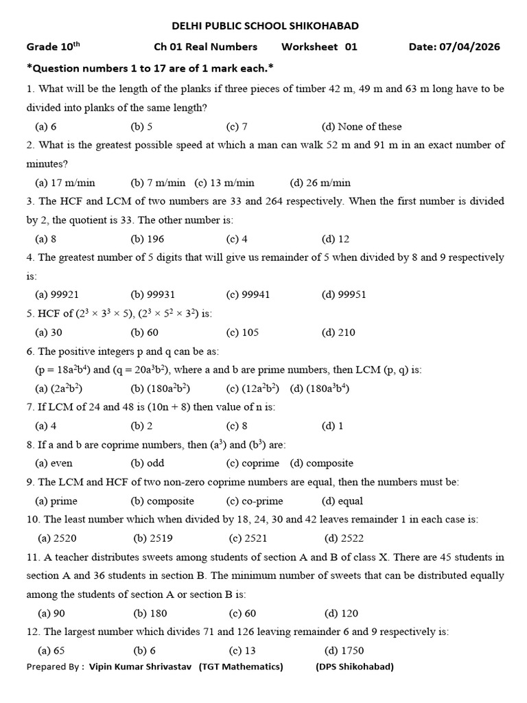 Ch 01 Worksheet 01 New | PDF | Elementary Mathematics | Mathematics