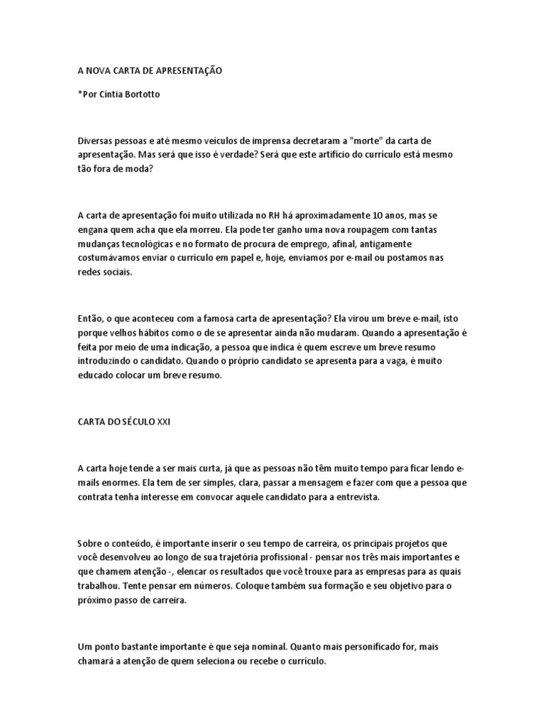 A NOVA CARTA DE APRESENTAÇÃO  Tempo  Email