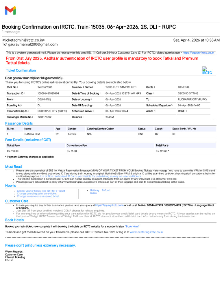 Gmail - Booking Confirmation on IRCTC, Train_ 15035, 06-Apr-2026, 2S ...