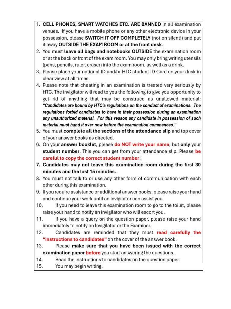 Student Exam Guidelines | PDF