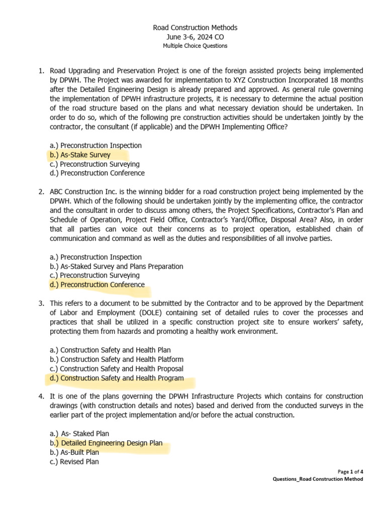 Multiple Choice Questions for Road Construction Methods Rb | PDF | Road ...