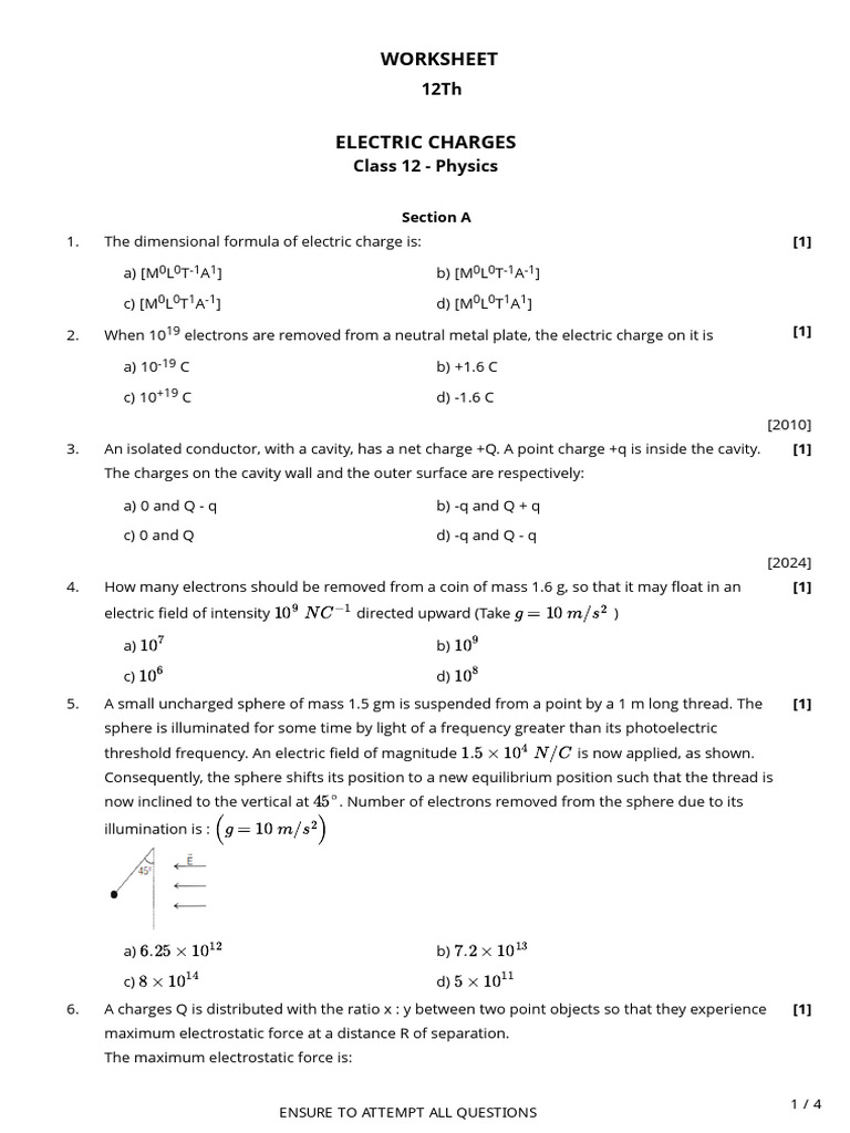 Electric Charges Worksheet | PDF | Electric Field | Force