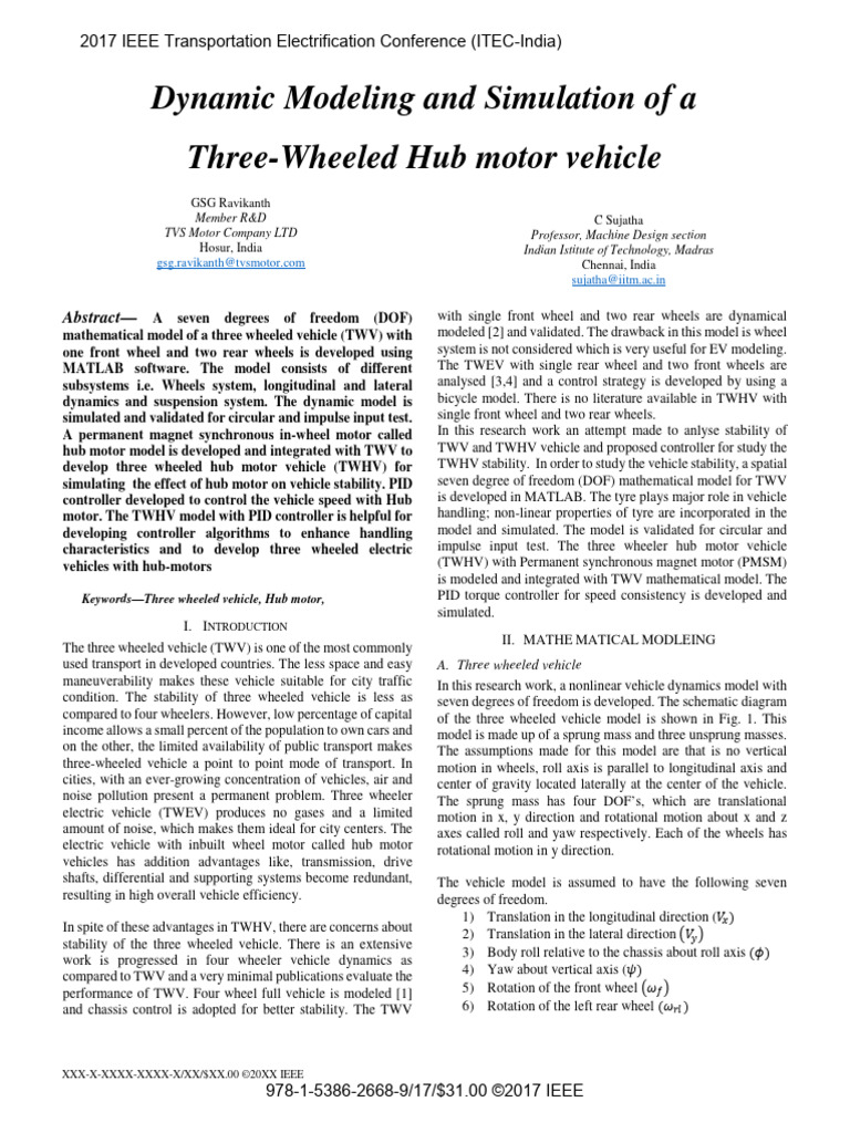 Dynamic Modeling and Simulation of a Three-wheeled Hub Motor Vehicle ...