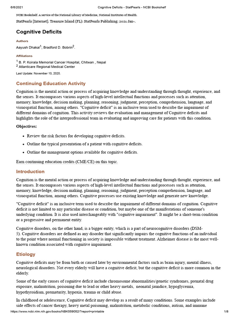 Cognitive Deficits - StatPearls - NCBI Bookshelf | PDF | Dementia ...