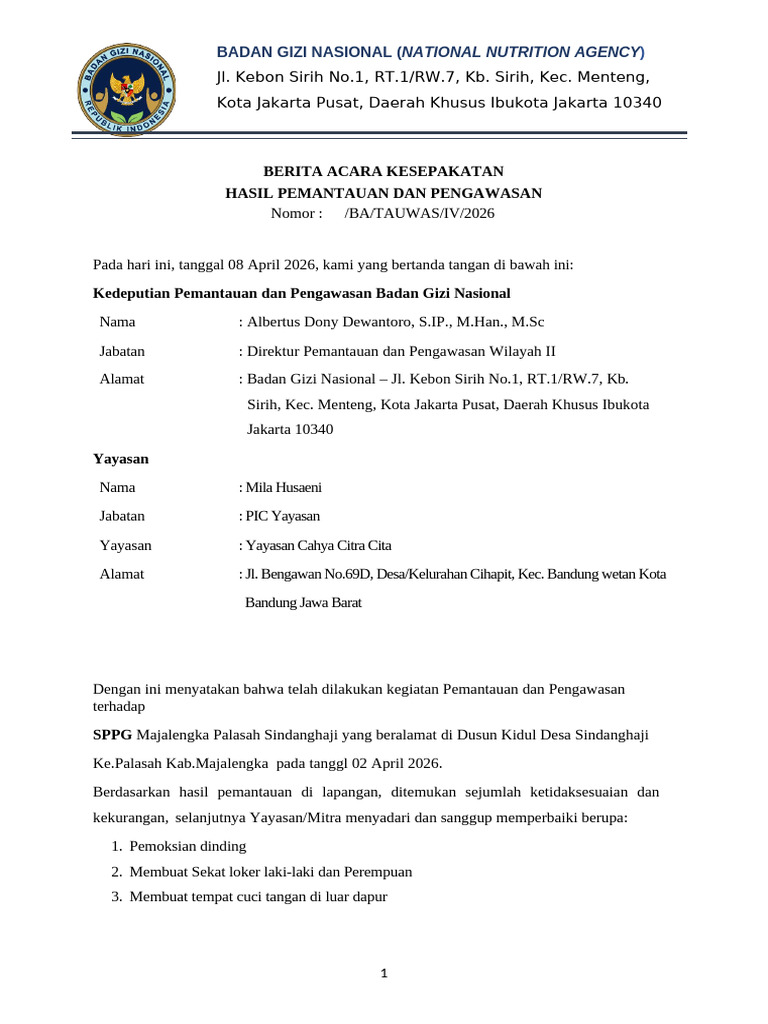 Template BAP_Berita Acara Perbaikan SPPG SINDANGHAJI | PDF