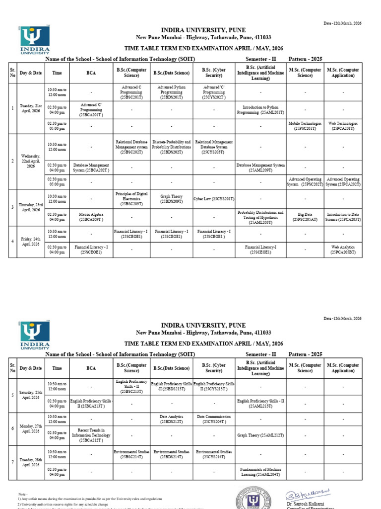 April-May, 2026 SEM II Term End Exam Time Table | PDF | Applied ...