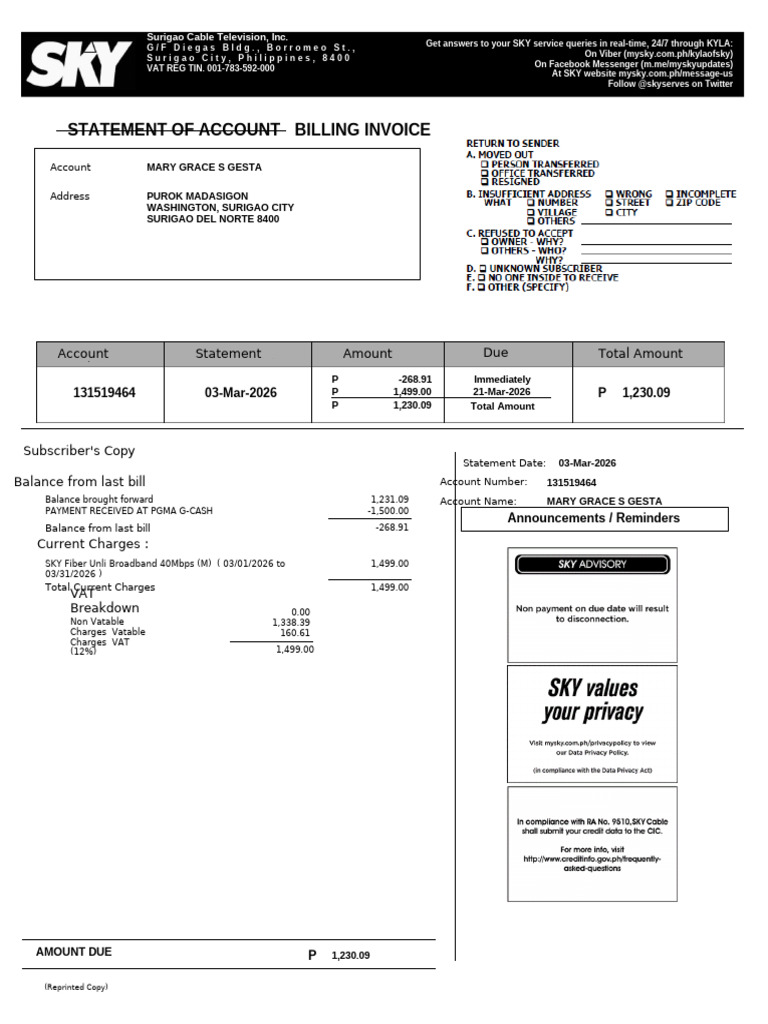 Sky Billing Statement Gesta | PDF | Debit Card | Banks