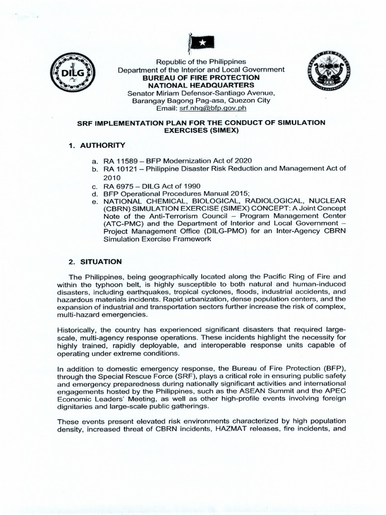 SRF Implementation Plan for the Conduct of Simulation Exercises SIMEX | PDF
