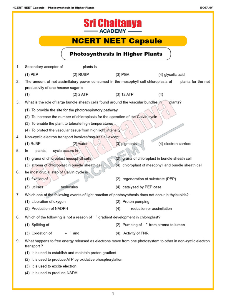 Botany_NCERT NEET Capsule - Photosynthesis in Higher Plants | PDF ...