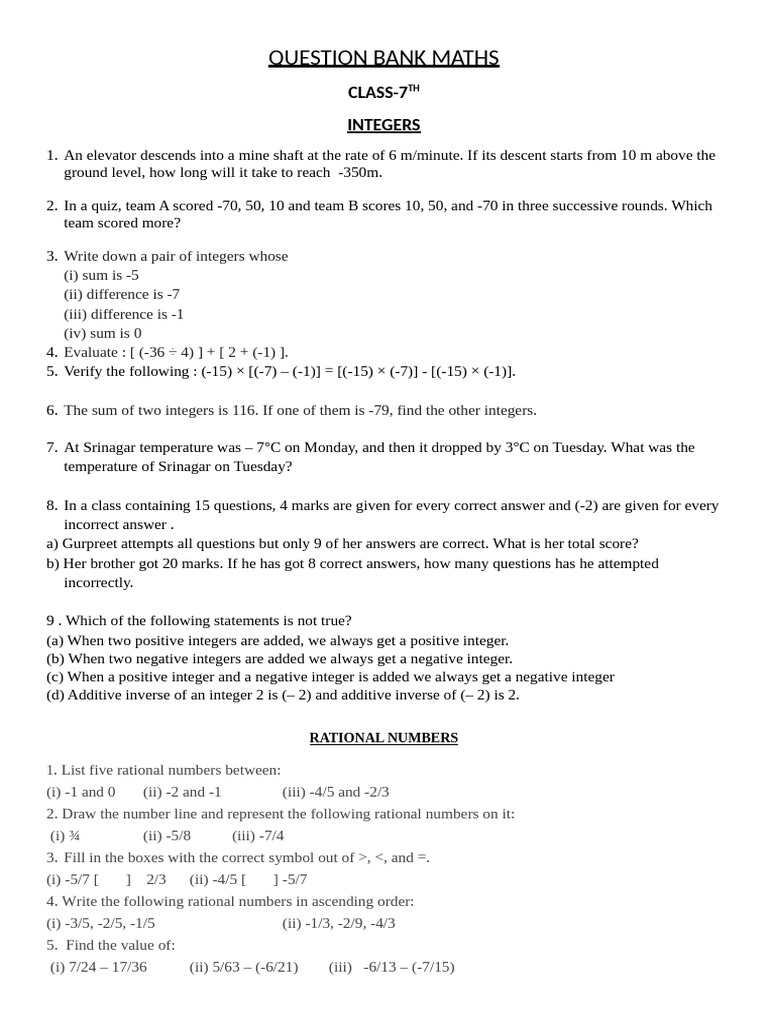 Question Bank Class-7th | PDF | Integer | Chess