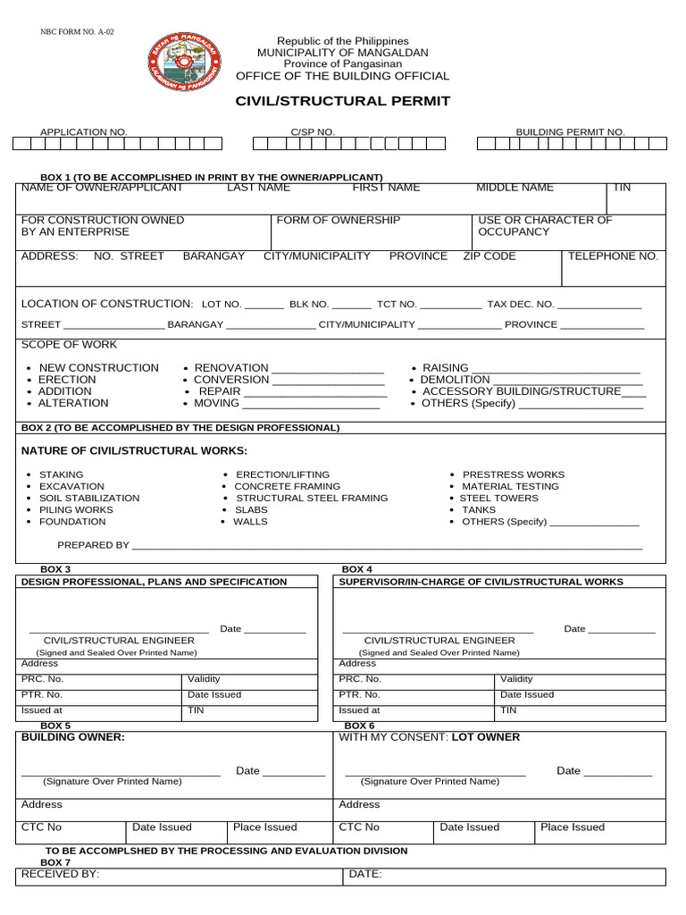 NBC Form No. A-02 Civil & Structural Permit Form | PDF | Specification ...