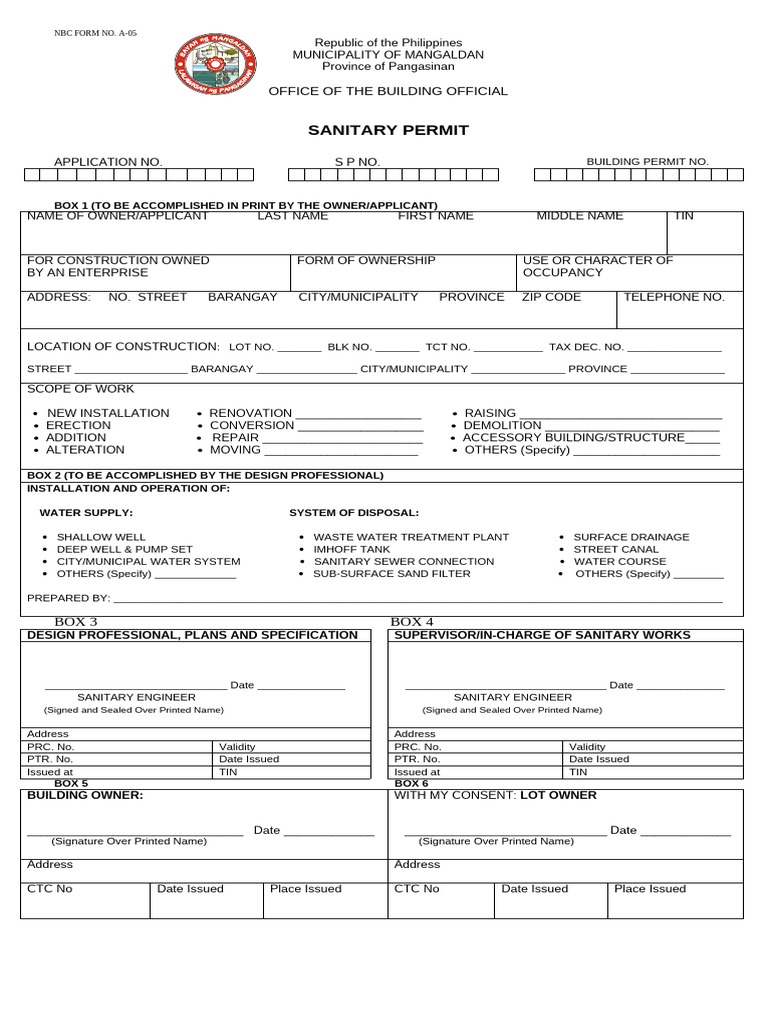 Nbc Form No. a-05 Sanitary Permit Form (New) | PDF | Environmental ...