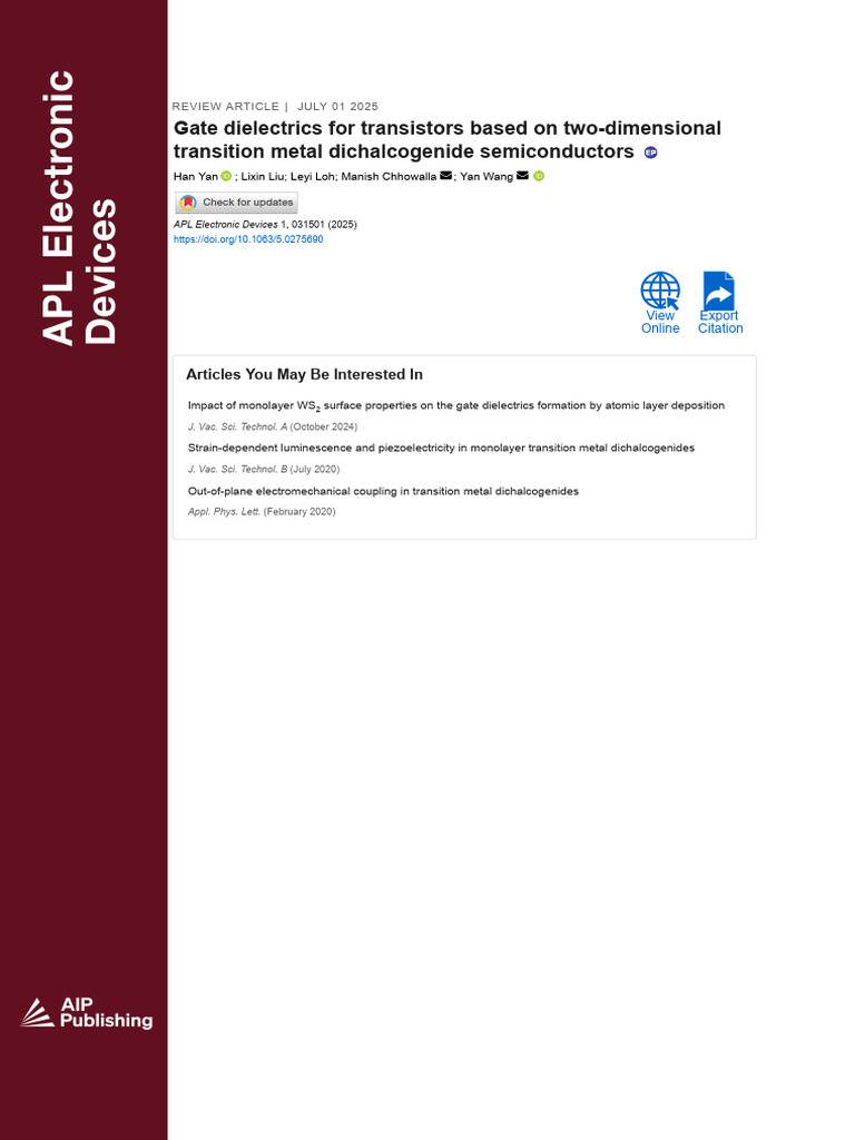 Gate Dielectrics for Transistors Based on Two-dimensional | PDF | Field ...