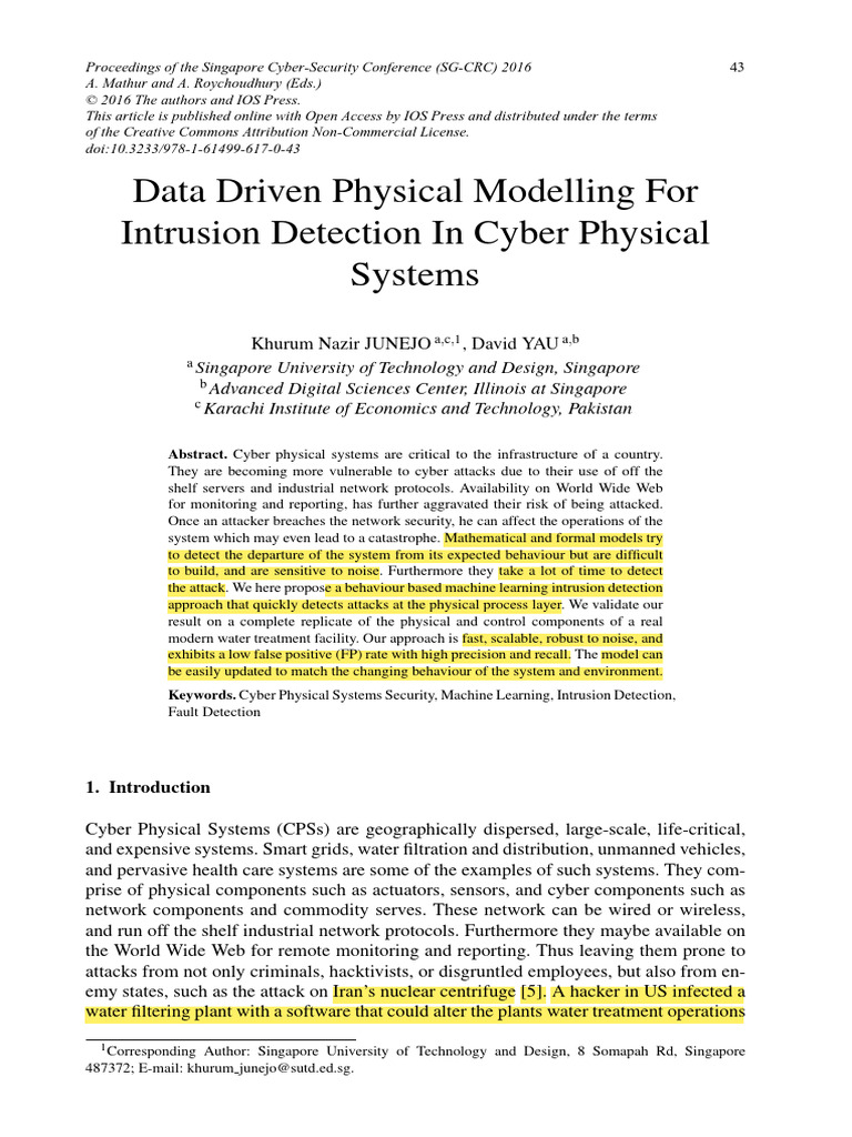 Data Driven Physical Modelling for Intrusion Detection in Physical ...