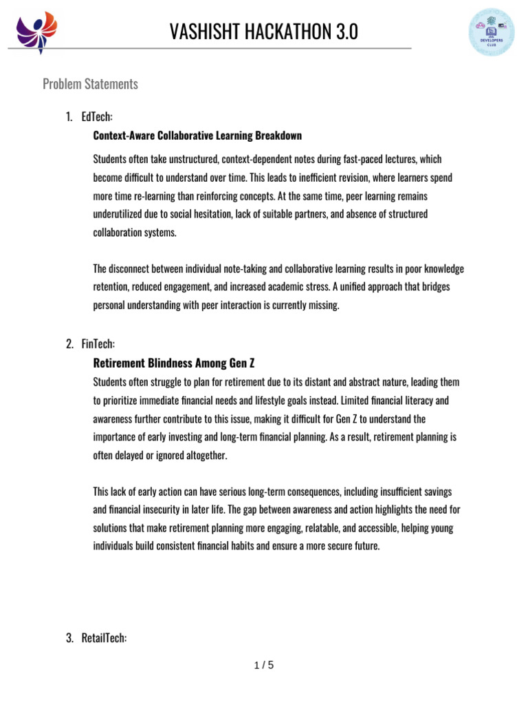 Vashisht Hackathon 3.0 Problem Statements | PDF