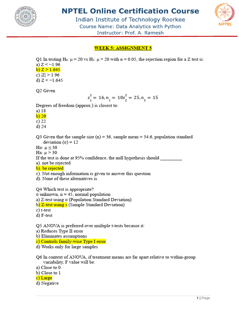 Solutions of Week 5 Assignment 5_Solution | PDF | Statistics ...