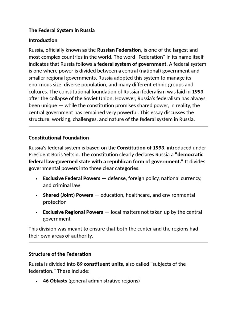 The Federal System in Russia | PDF | Russia | World Politics
