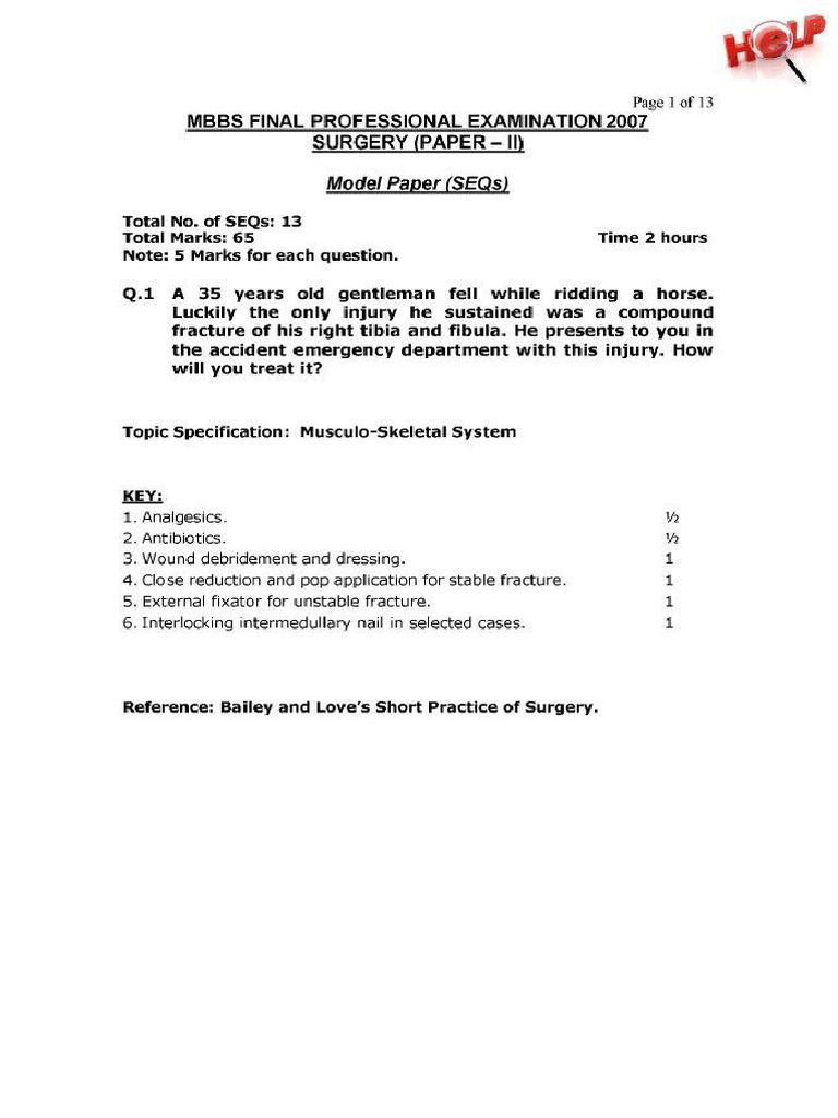 Surgery II Seq Mbbs 2007 Model Paper Uhs | PDF