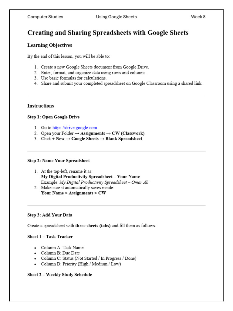 Creating and Sharing Spreadsheets With Google Sheets | PDF