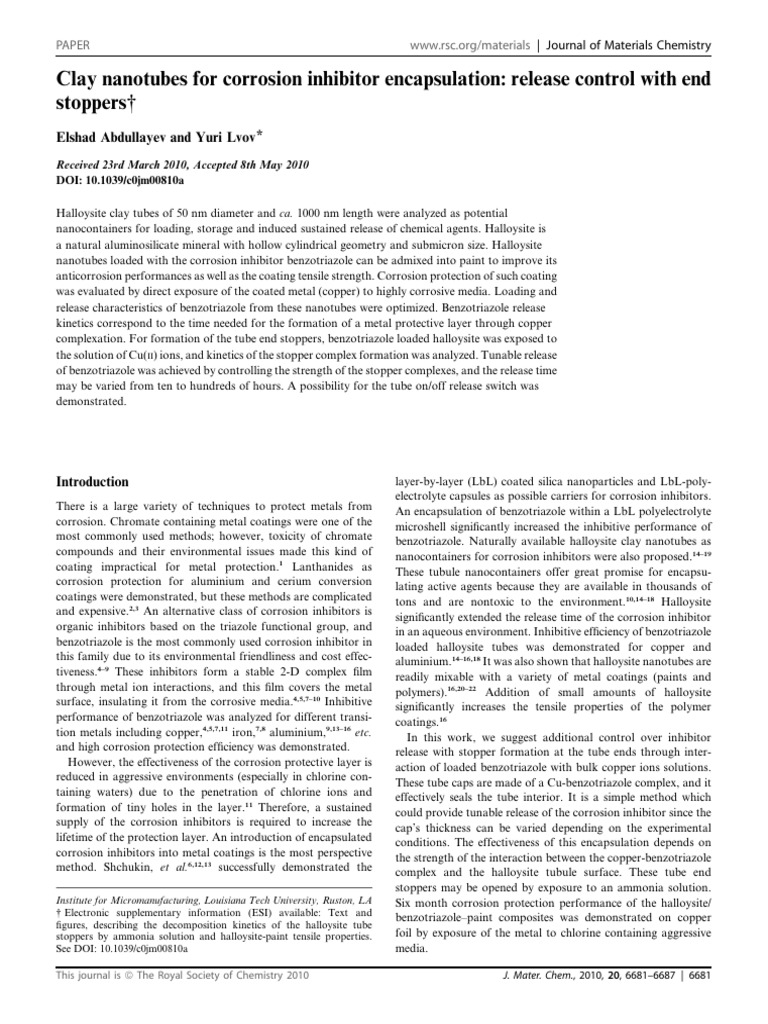 Clay Nanotubes for Corrosion Inhibitor Encapsulation Release Control ...