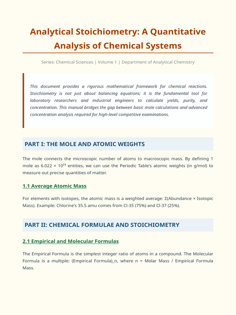 Analytical Stoichiometry and Mole Concept Manual | PDF | Stoichiometry ...