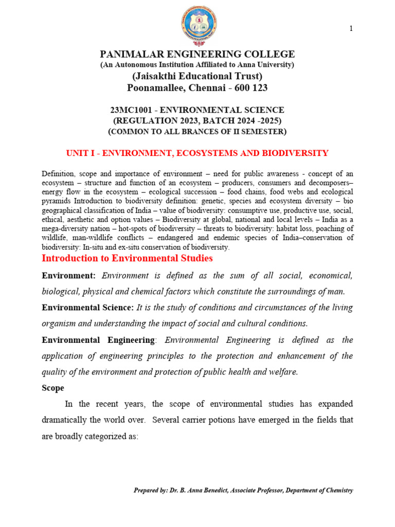 23mc1001 Unit i (Env, Ecosystem & Biodiversity) | PDF | Biodiversity ...