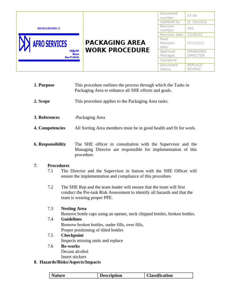 PACKAGING Work Procedure | PDF