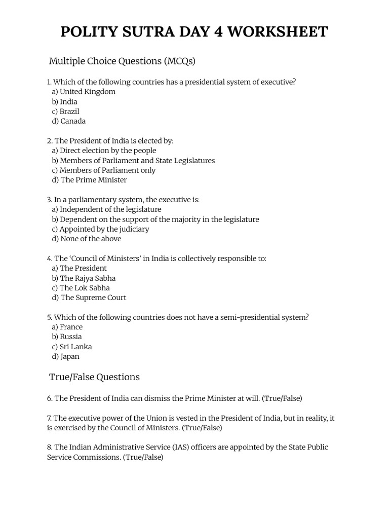 Polity Sutra Day 4 Worksheet | PDF | Prime Minister | Legislature