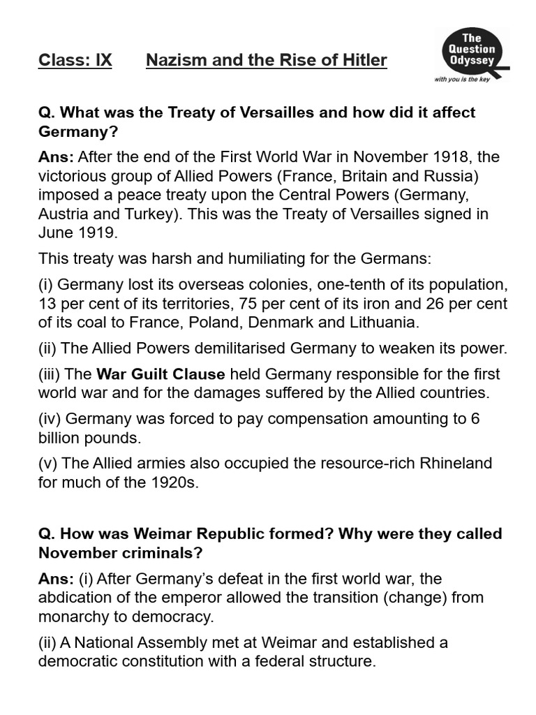 Nazism & the Rise of Hitler (Important Q&A) | PDF | Weimar Republic ...