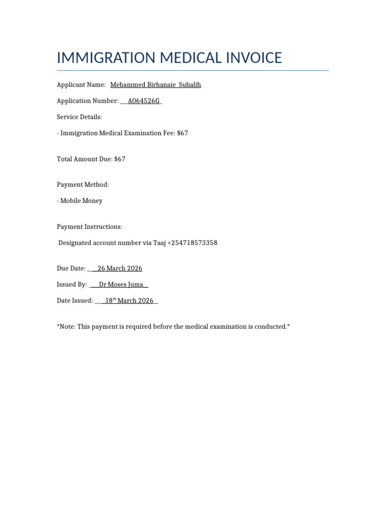 Immigration Medical Invoice | PDF