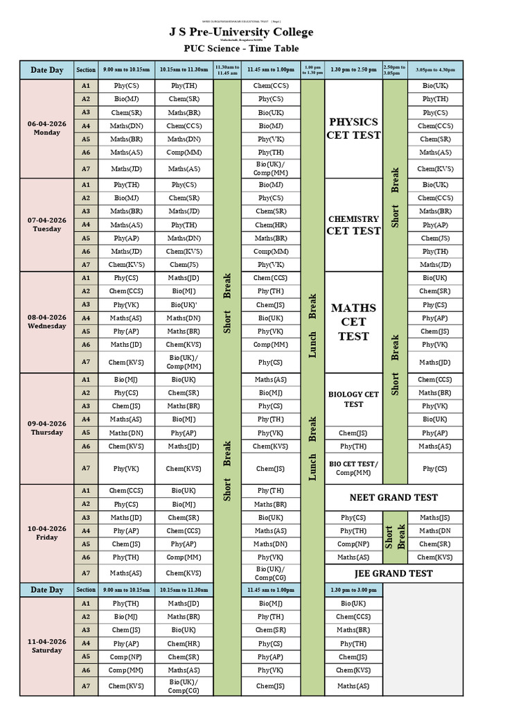 Science Time Table-2026 | PDF