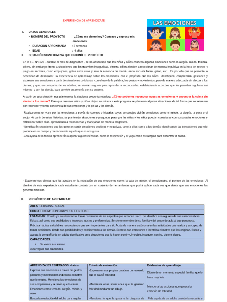 Proyecto Las Emociones Abril 2026 | PDF | Las emociones | Aprendizaje