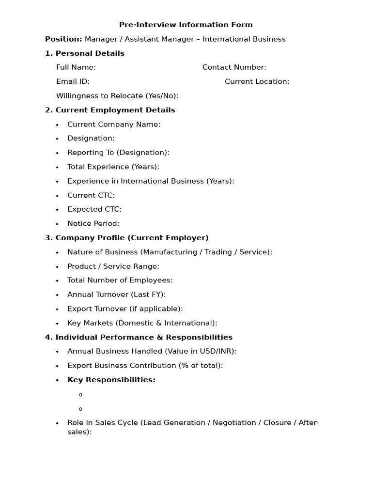 Pre Interview Sheet | PDF