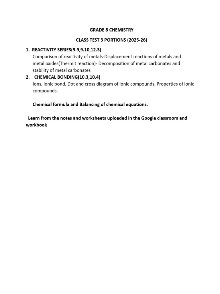 Gr 8 Chemistry Class Test 3 Portion (2025-26).Docx | PDF