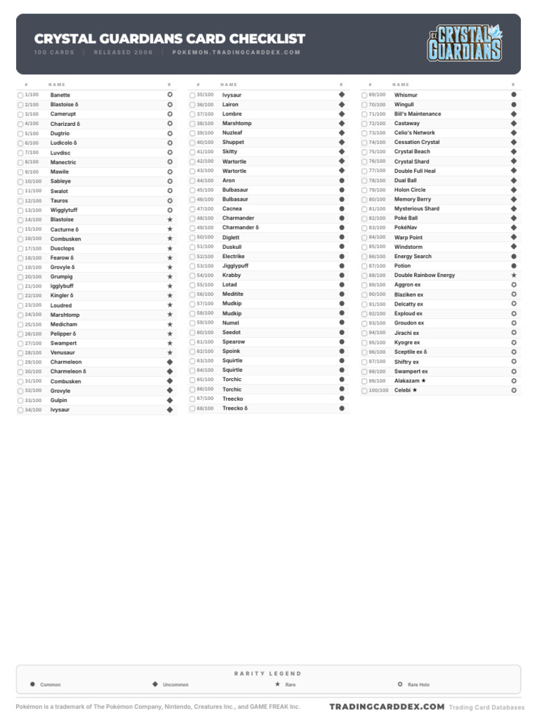 pokemon crystal guardians card list Pokemon Crystal Guardians Card Checklist | PDF | Nintendo Games