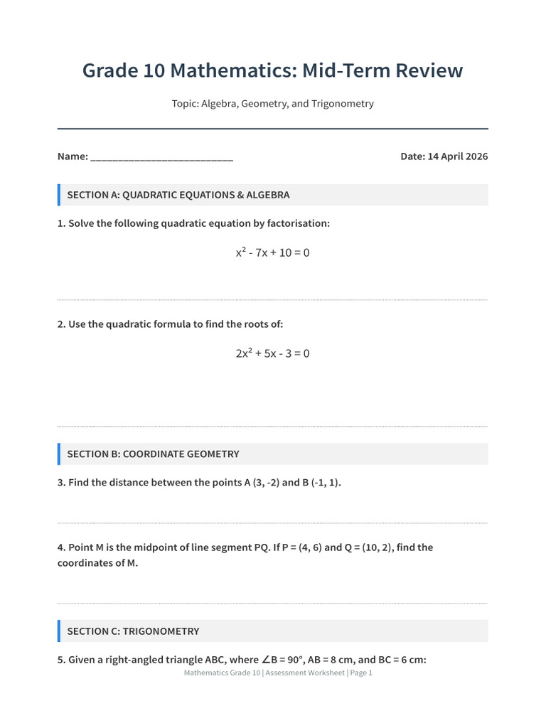 Grade 10 Maths Worksheet | PDF