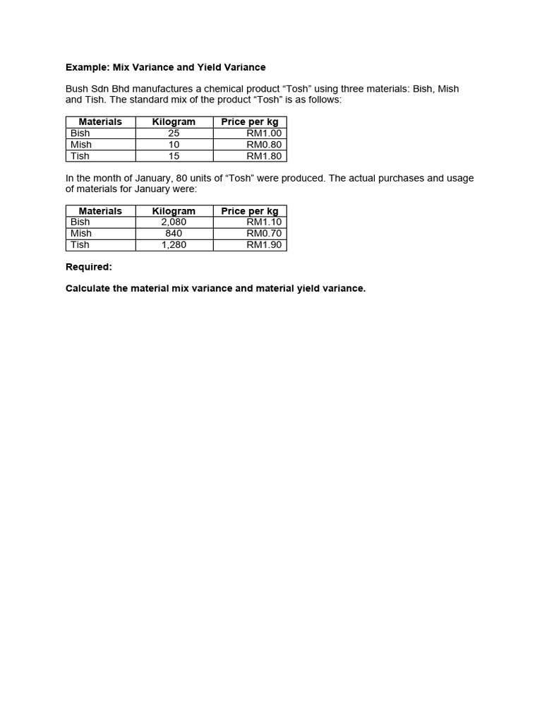 Example Mix and Yield Variance (1) | PDF | Data Analysis | Sampling ...