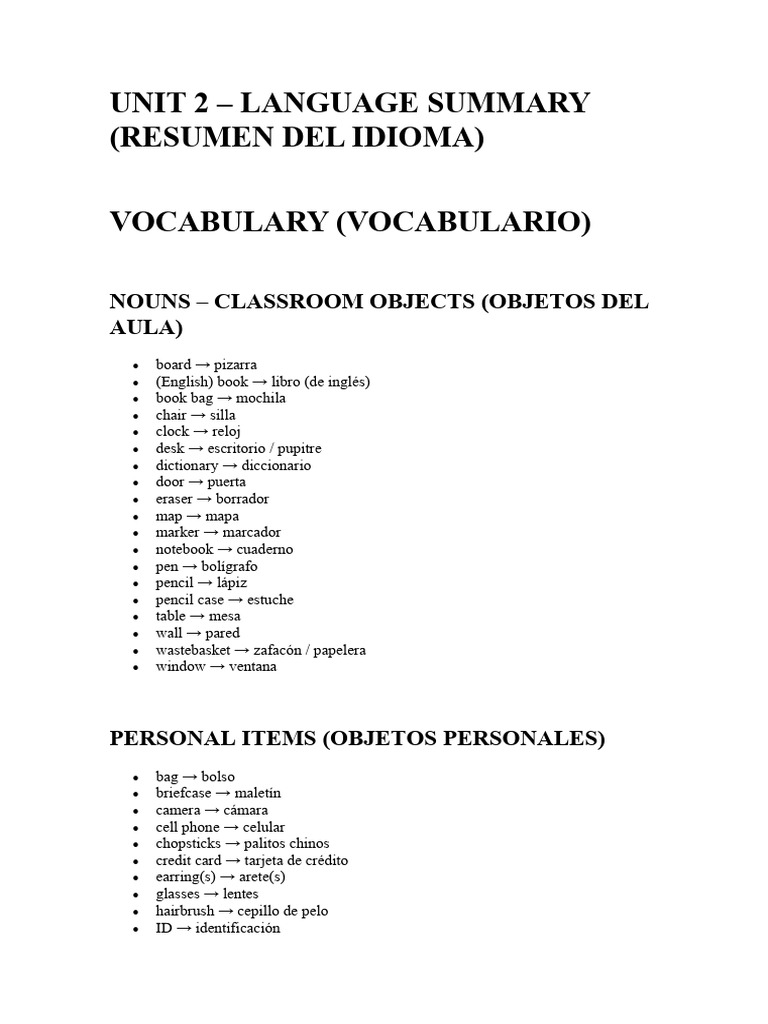 Unit 2 - Vocabulary | PDF