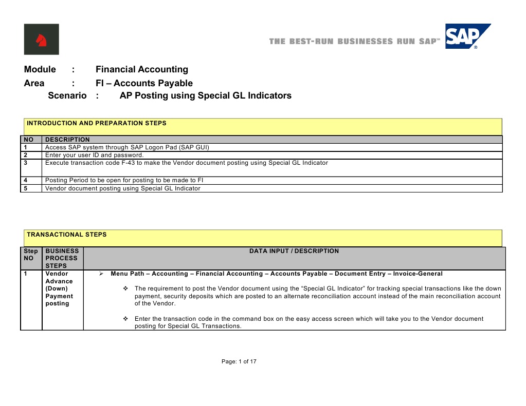 SAP F-43 Transaction Guide: Vendor Posting Using Special GL Indicator ...