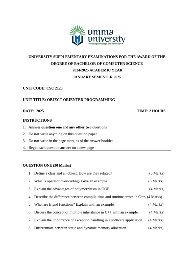 CSC 2123 OOP SUPPLEMENTARY EXAMINATION | PDF | Object Oriented ...