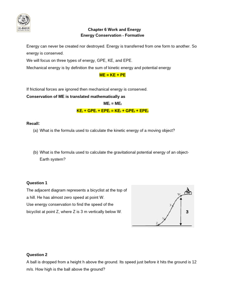 Formative - Energy Conservation | PDF | Mass | Potential Energy