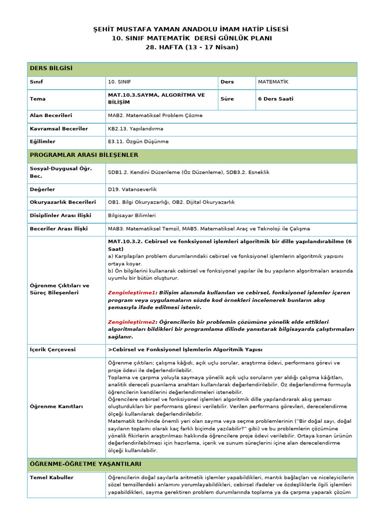 10 Sinif Matematik Maarif m Fl 28 Hafta Gunluk Plani 1775937061 | PDF