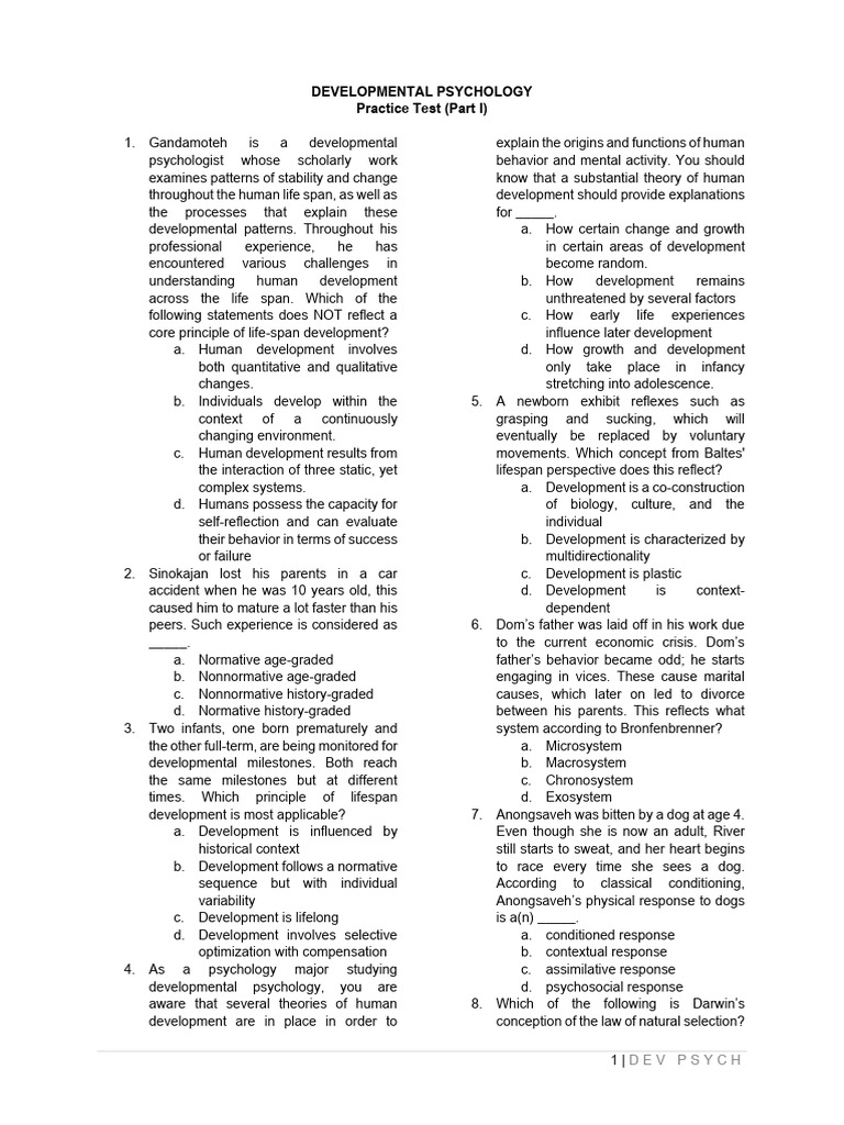 Dev Psych Practice Test Part I | PDF | Developmental Psychology ...