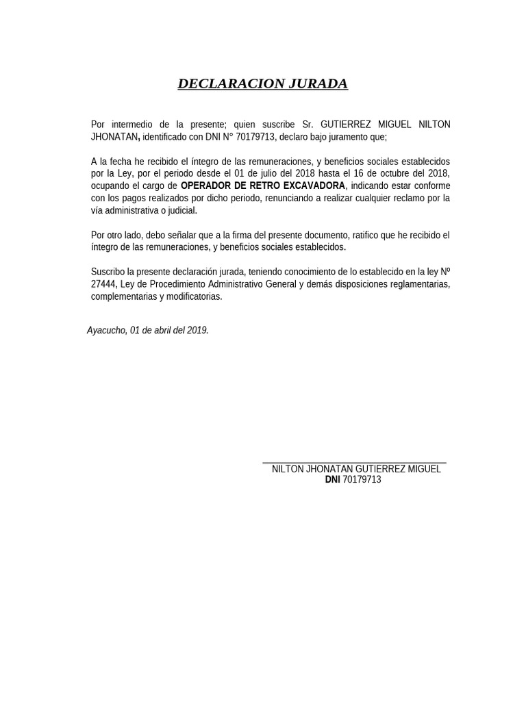 Declaracion Jurada de No Adeudo | PDF