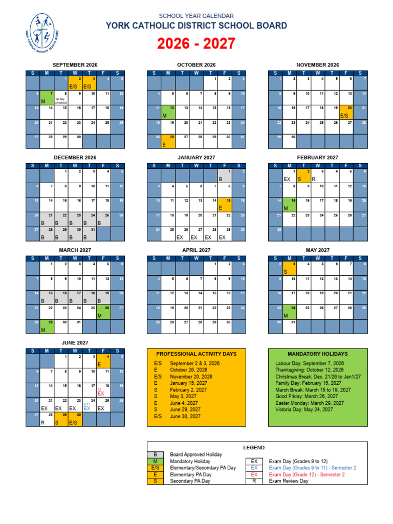YCDSB School Year Calendar 2026-2027 | PDF | Public Holiday | Observances