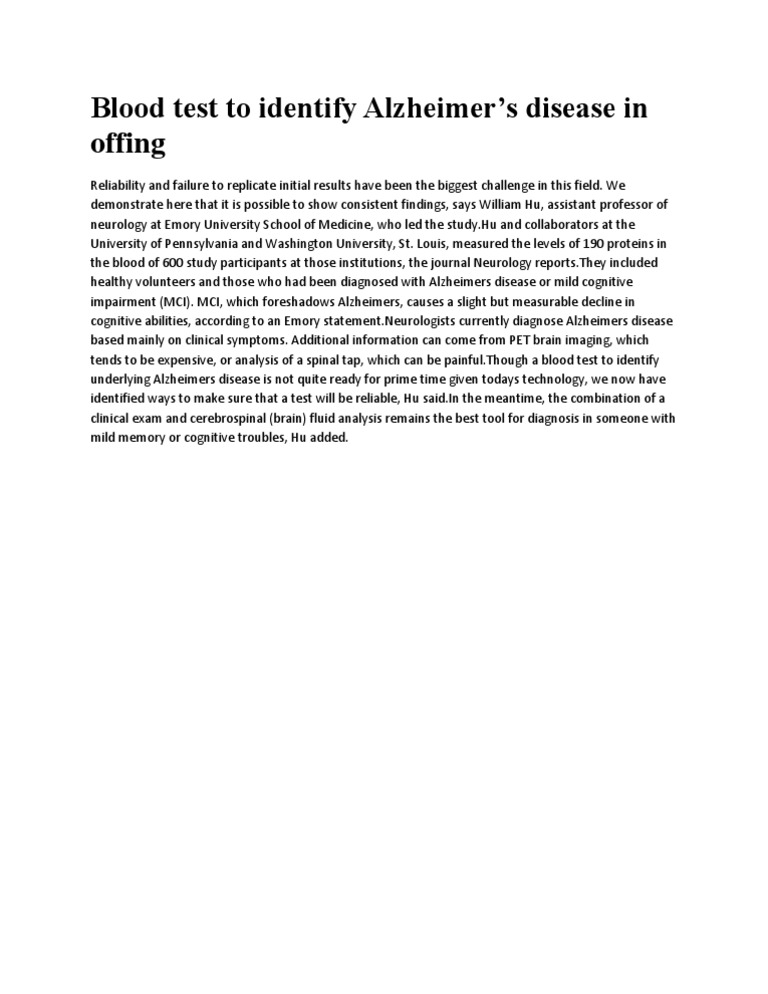 Blood Test for Alzheimer's Detection | PDF